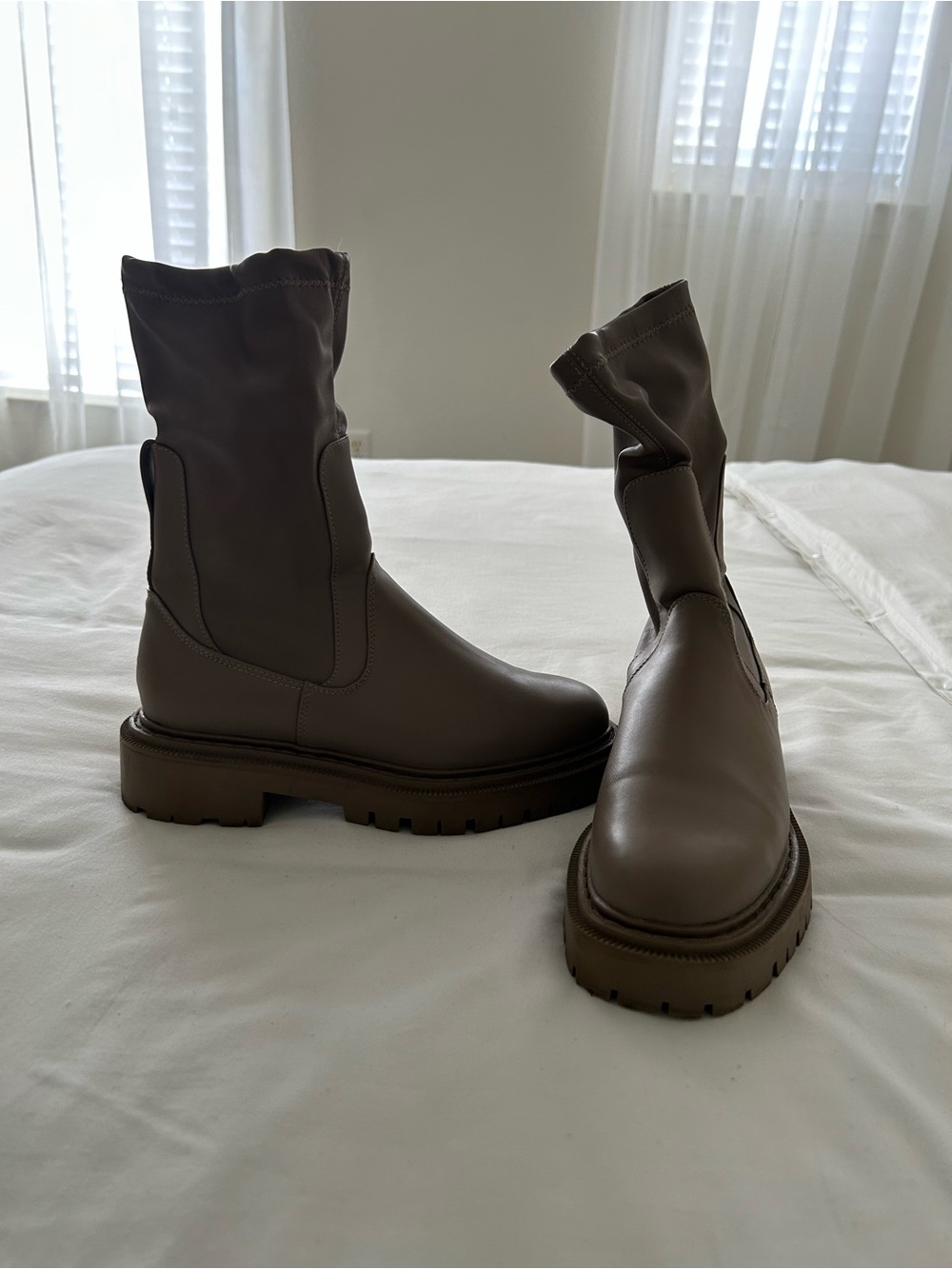 H&M Olive Taupe Lace-Up Platform Mid-Calf Boots